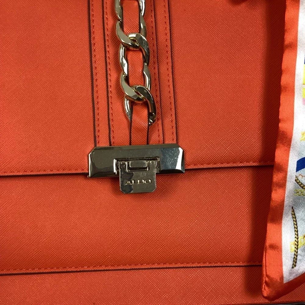 Aldo Orange Saffiano Satchel Handbag Gold Chain Scarf Accent Crossbody Bag